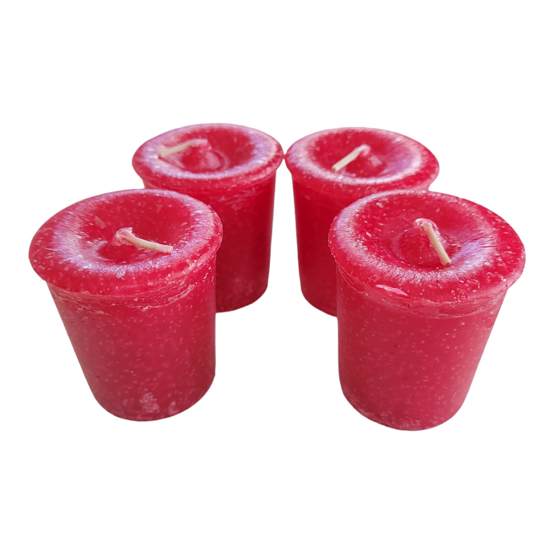 Set of 4 Reiki-charged red Seduction votive candles with affirmation card, scented with cedar, musk, pine, patchouli & juniper — Healing Winds Emporium