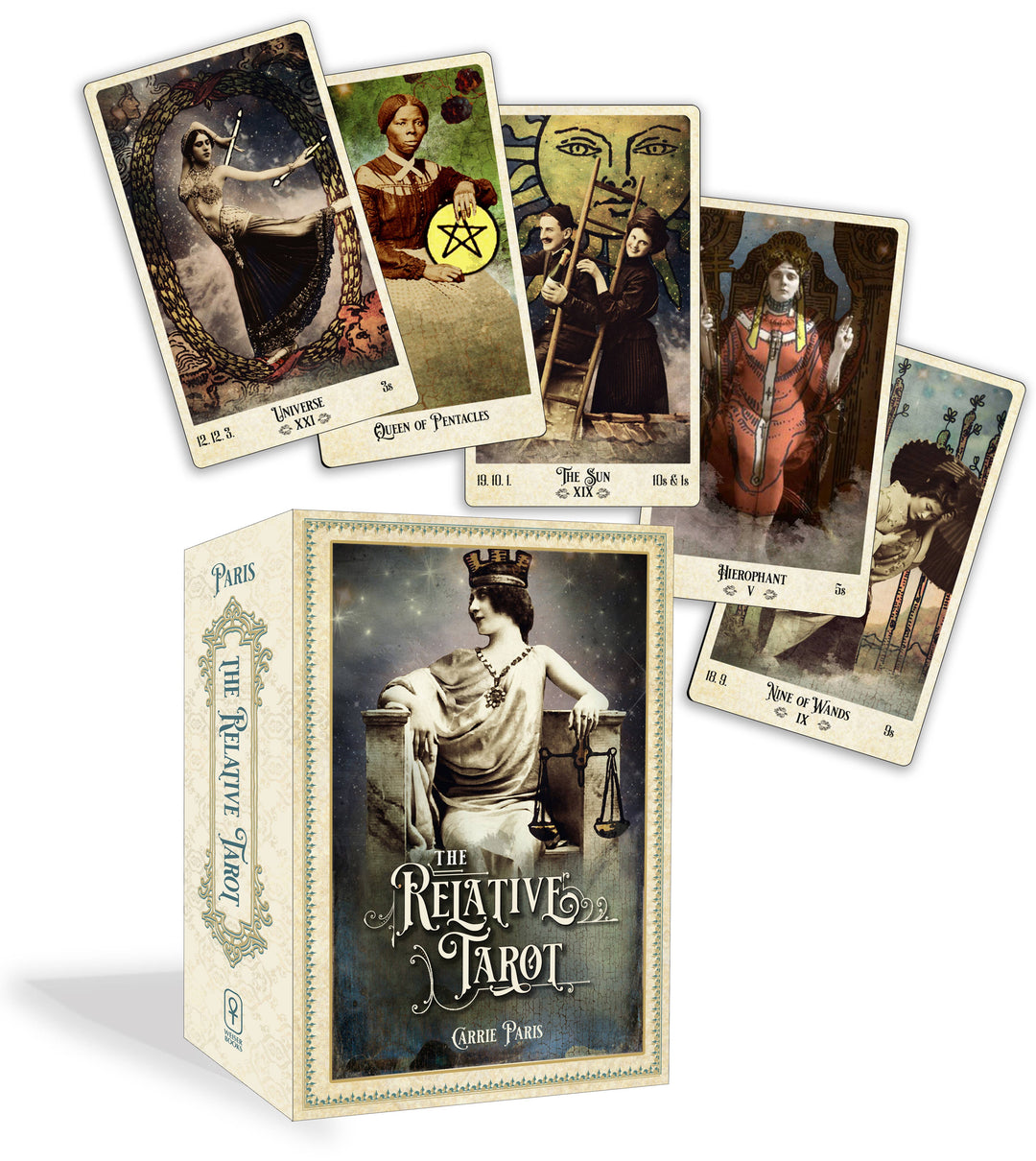 The Relative Tarot deck box with 82 gilded ancestral tarot cards by Carrie Paris and Tina Hardt