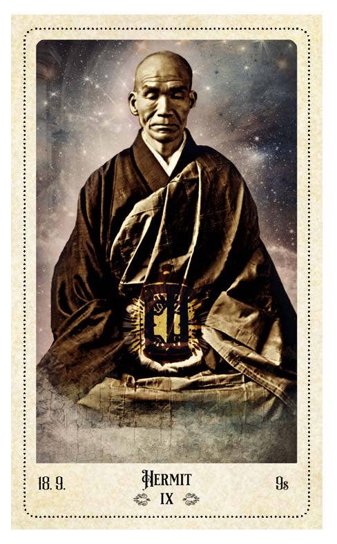 The Relative Tarot — Hermit IX card featuring a vintage portrait of a Japanese elder in dark robes holding a lantern against a starry night sky