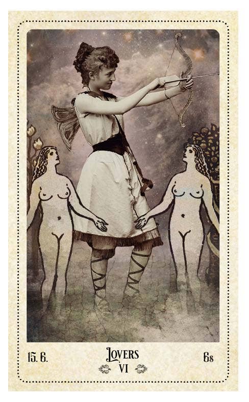 The Relative Tarot — Lovers VI card featuring a Victorian woman dressed as Cupid drawing a bow between two engraved feminine figures holding hands