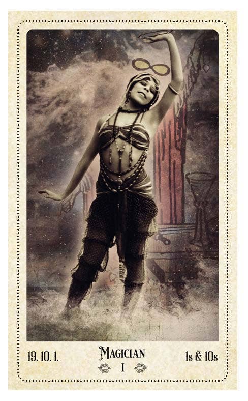 The Relative Tarot — Magician I card featuring a vintage photograph of a bejeweled dancer raising an infinity symbol overhead amid a stormy cosmic background