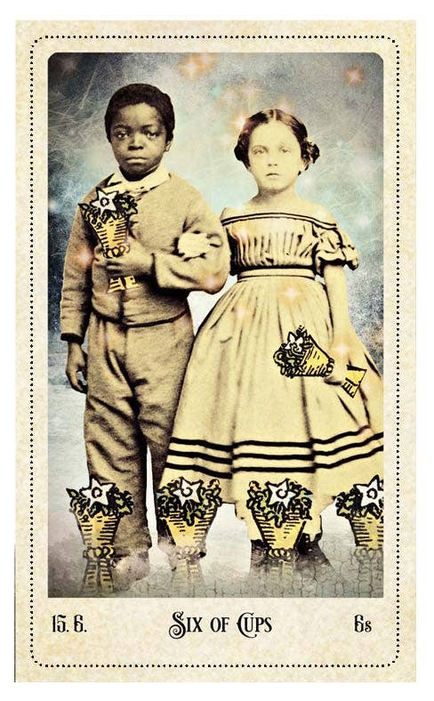 The Relative Tarot — Six of Cups card featuring a vintage Victorian portrait of two children holding flower baskets against a starry background