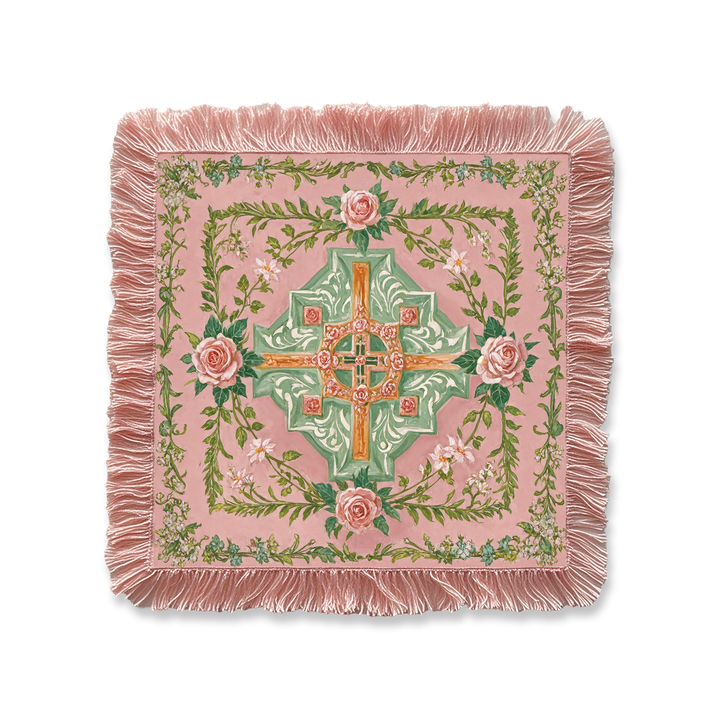 Renaissance Fantasy Tarot Cloth Rose Cross – full flat lay showing ornate rose and gold cross motif with floral vine border and blush pink tassel fringe on white background