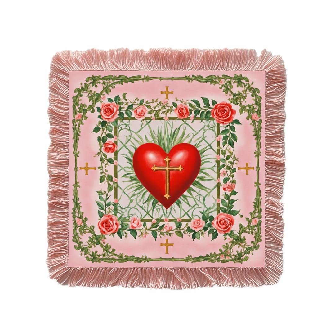 Renaissance Fantasy Tarot Cloth Sacred Heart – full flat lay showing red sacred heart with gold cross, pink rose and vine border, gold cross accents, and blush pink tassel fringe on white background