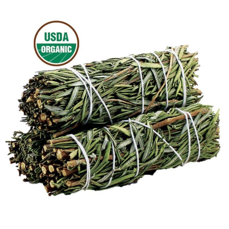 Two rosemary and sage smudge sticks tied with white string on a white background, with a USDA Organic logo above.