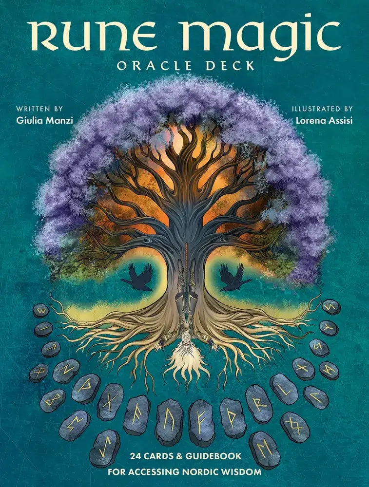 Rune Magic Oracle Deck box cover by Giulia Manzi, illustrated by Lorena Assisi — Yggdrasil world tree with 24 Elder Futhark rune stones and two ravens