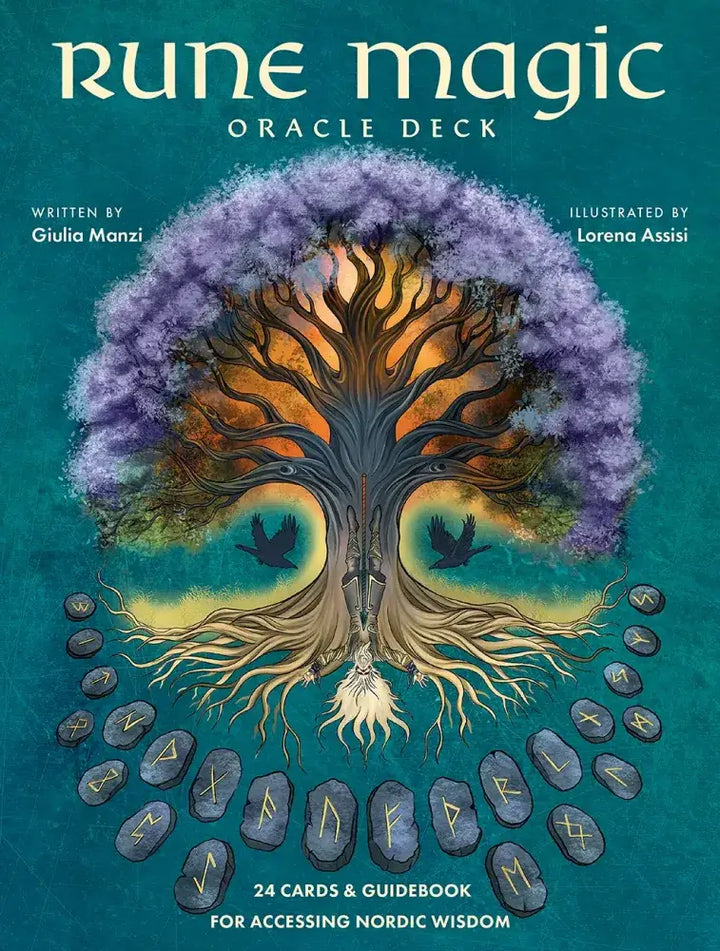 Rune Magic Oracle Deck box cover by Giulia Manzi, illustrated by Lorena Assisi — Yggdrasil world tree with 24 Elder Futhark rune stones and two ravens