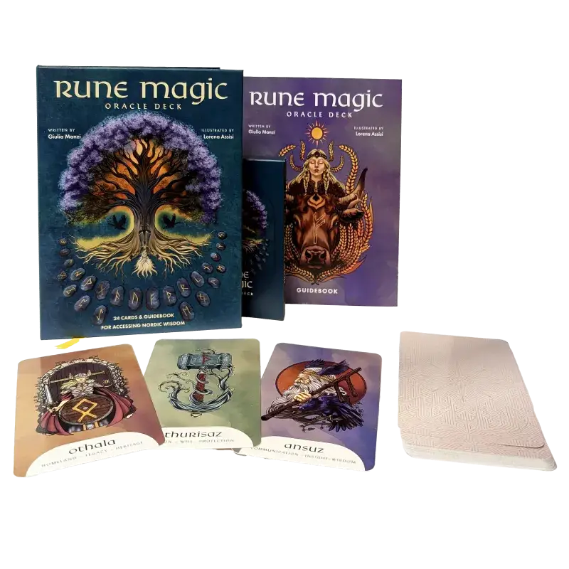 Rune Magic Oracle Deck complete set — box, 112-page guidebook, card deck, and sample Othala, Thurisaz, and Ansuz rune cards illustrated by Lorena Assisi