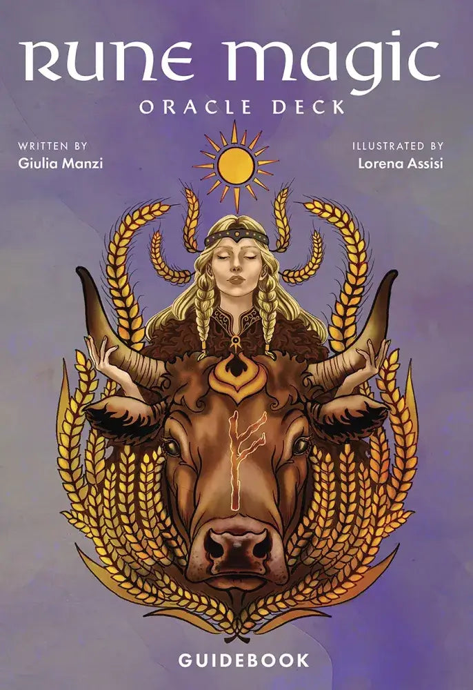 Rune Magic Oracle Deck 112-page guidebook cover — Norse goddess with bull, wheat sheaves and Fehu rune, written by Giulia Manzi, illustrated by Lorena Assisi