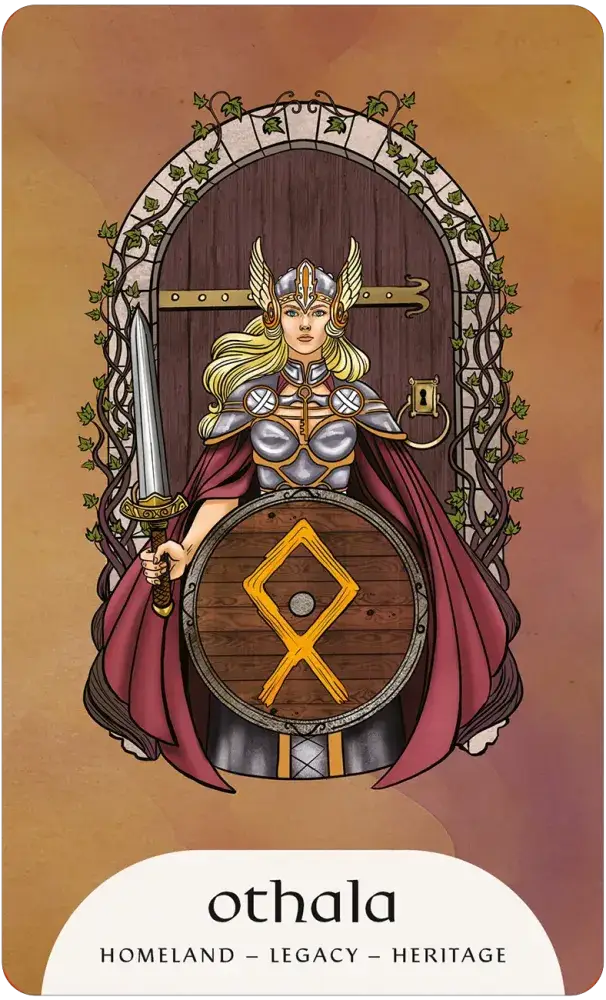 Rune Magic Oracle card — Othala rune: armored Norse shield maiden at ancient doorway, keywords Homeland, Legacy, Heritage, illustrated by Lorena Assisi