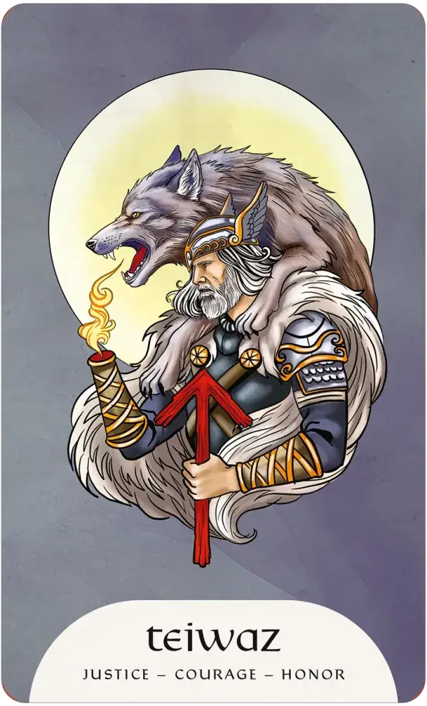 Rune Magic Oracle card — Teiwaz rune: Norse warrior with wolf and torch, keywords Justice, Courage, Honor, illustrated by Lorena Assisi