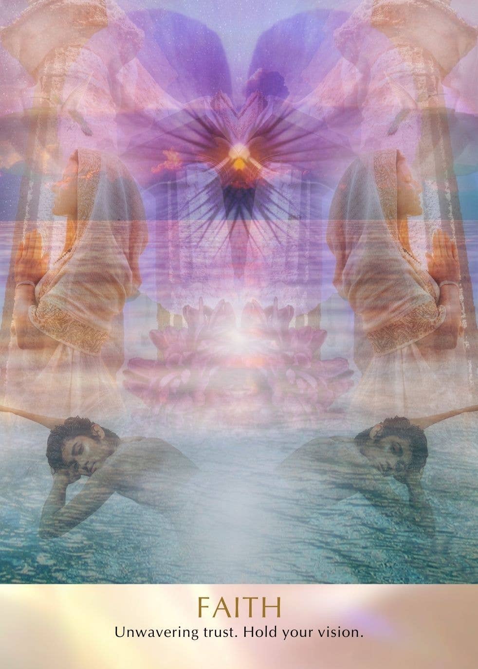 Close-up of Seeds of Light Oracle Faith card with layered spiritual symbolism