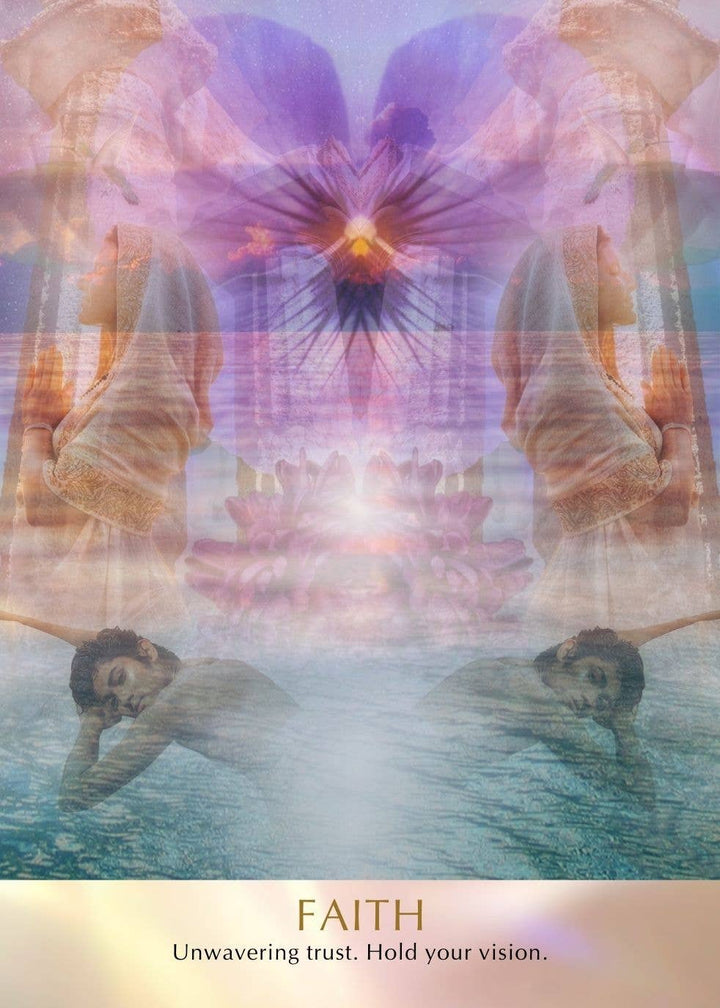 Close-up of Seeds of Light Oracle Faith card with layered spiritual symbolism