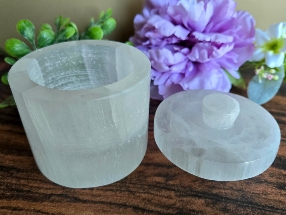 Selenite jar with lid removed showing interior crystal charging bowl from Morocco