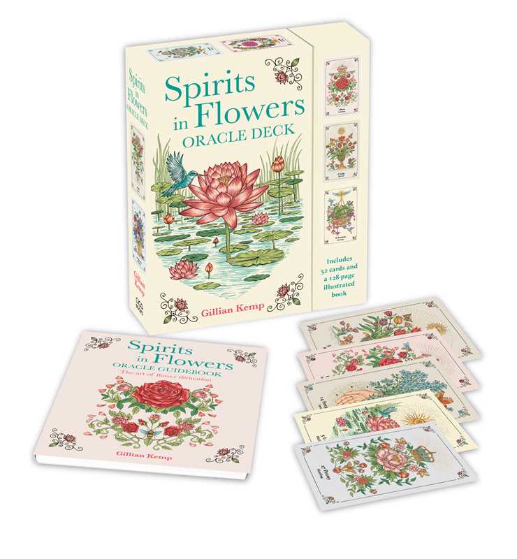 Spirits in Flowers Oracle Deck by Gillian Kemp, showing the flower-covered box, illustrated guidebook, and five botanical cards.