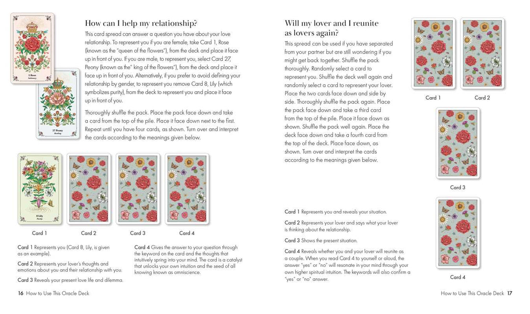 Spirits in Flowers Oracle guidebook pages showing illustrated card spreads for relationship questions and reconnecting with a lover.