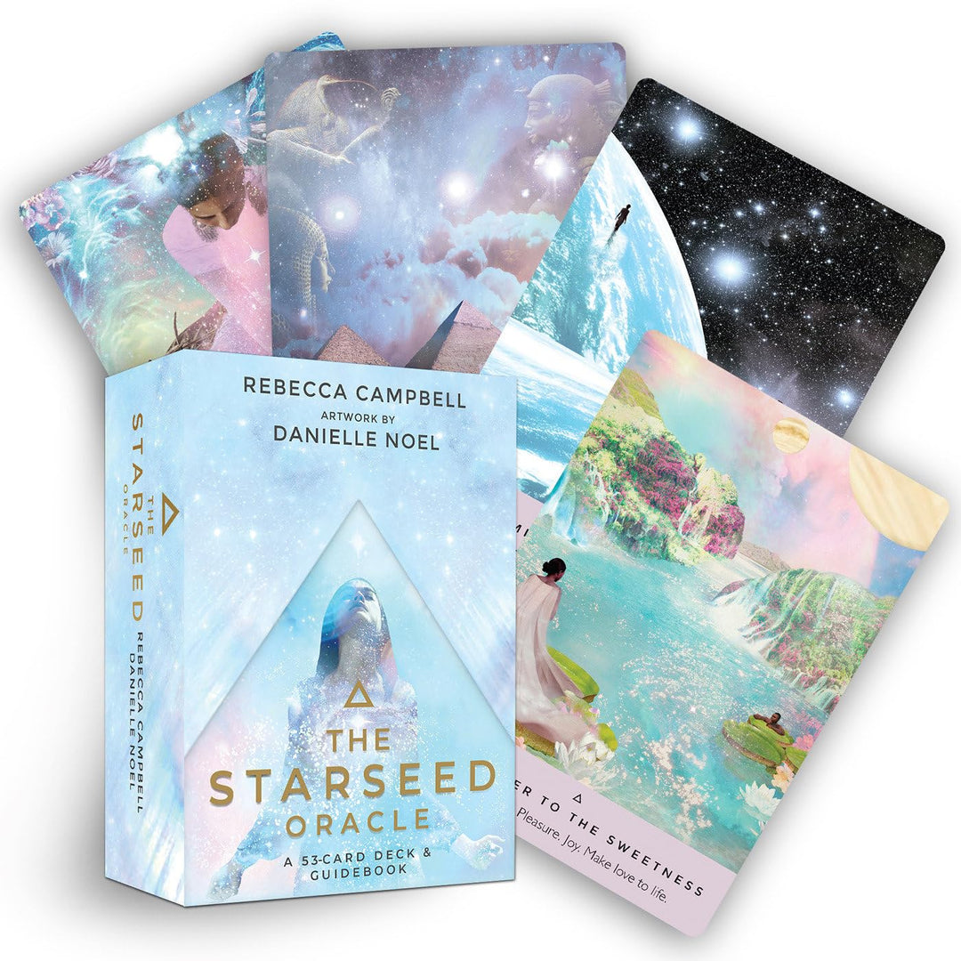 The Starseed Oracle by Rebecca Campbell and Danielle Noel — triangle box with 53 oracle cards fanned out