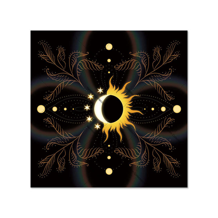 Sun and Moon Tarot Cloth – midnight glow flannel reading mat with solar eclipse, crescent moon, stars, and botanical mandala design on black