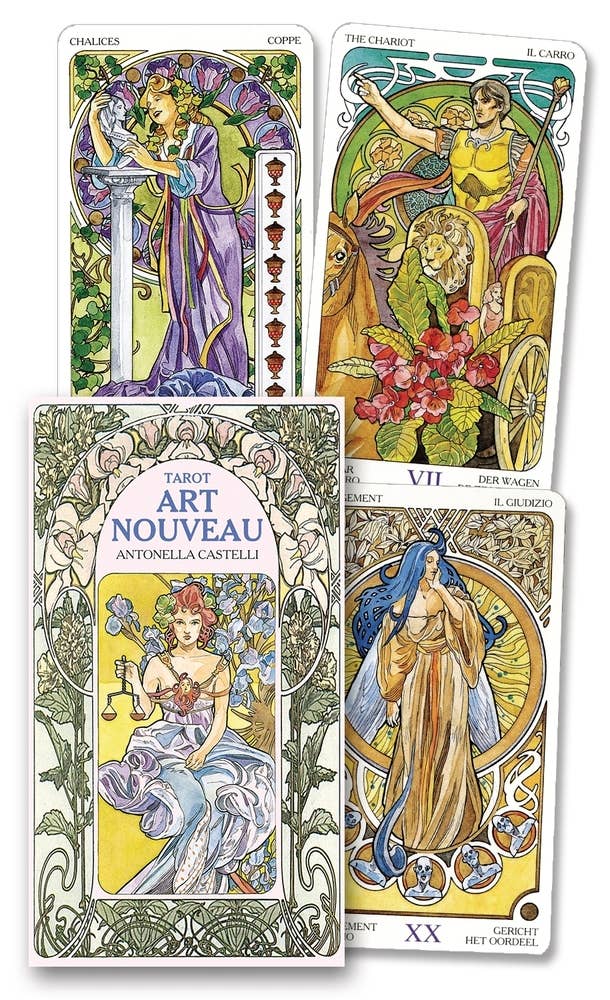 Tarot Art Nouveau 78-card tarot deck and box by Lo Scarabeo featuring delicate Art Nouveau illustrations with multilingual companion booklet