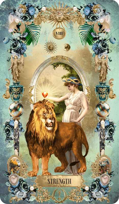 Tarot Divinatorium single card strength examples— baroque classical collage art by André Sanchez