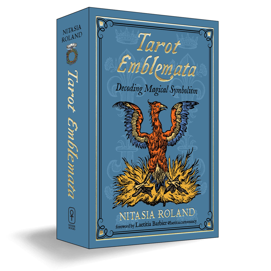 Tarot Emblemata deck box at an angle showing spine and front cover with phoenix emblem — by Nitasia Roland, published by Weiser Books
