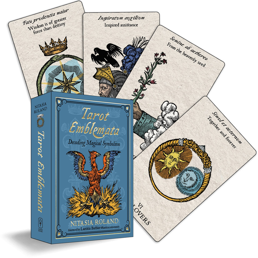 Tarot Emblemata deck box with cards fanned out showing Renaissance emblem artwork including The Lovers, Latin mottos, and phoenix imagery