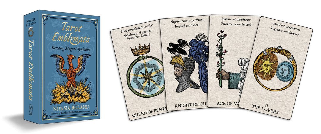 Tarot Emblemata deck box alongside four cards — Queen of Pentacles, Knight of Cups, Ace of Wands, and The Lovers — with Renaissance Latin mottos