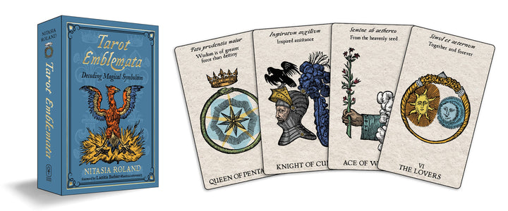 Tarot Emblemata deck box alongside four cards — Queen of Pentacles, Knight of Cups, Ace of Wands, and The Lovers — with Renaissance Latin mottos