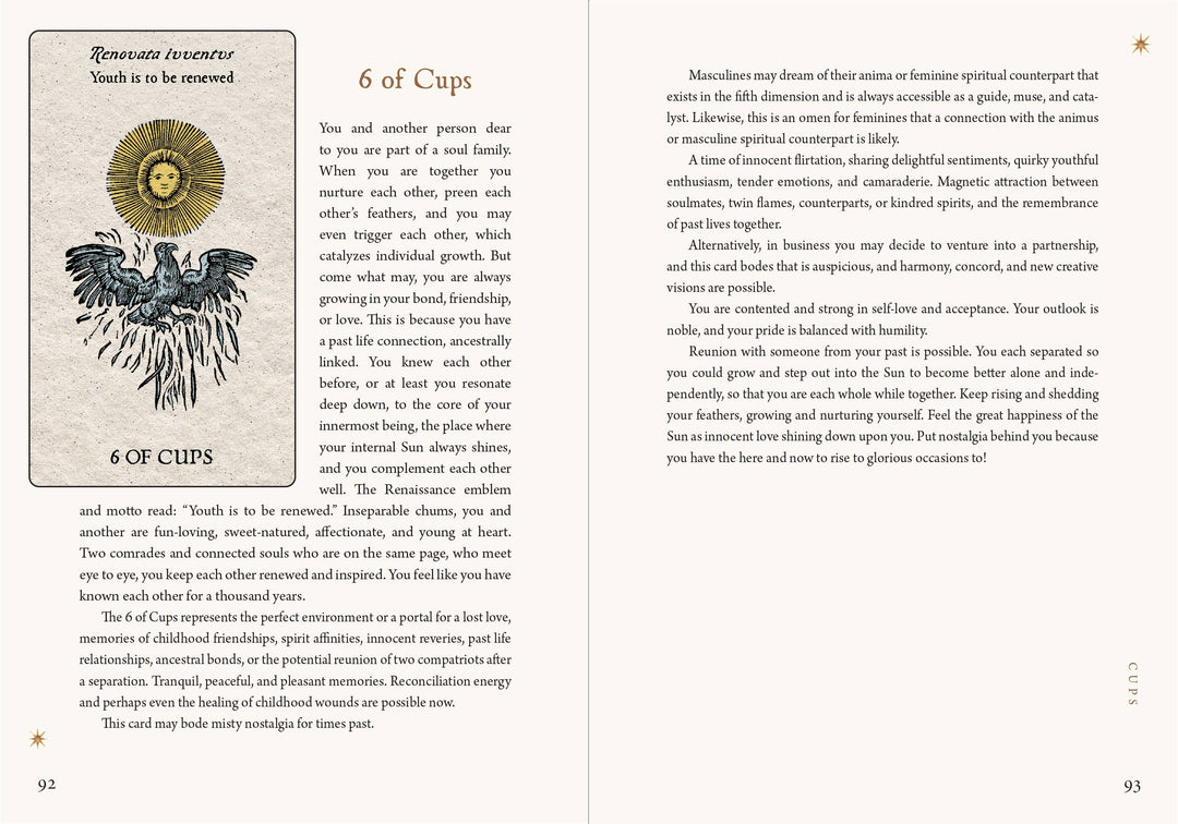 Tarot Emblemata guidebook open to the 6 of Cups card — Renaissance emblem motto "Youth is to be renewed" with eagle and sun imagery