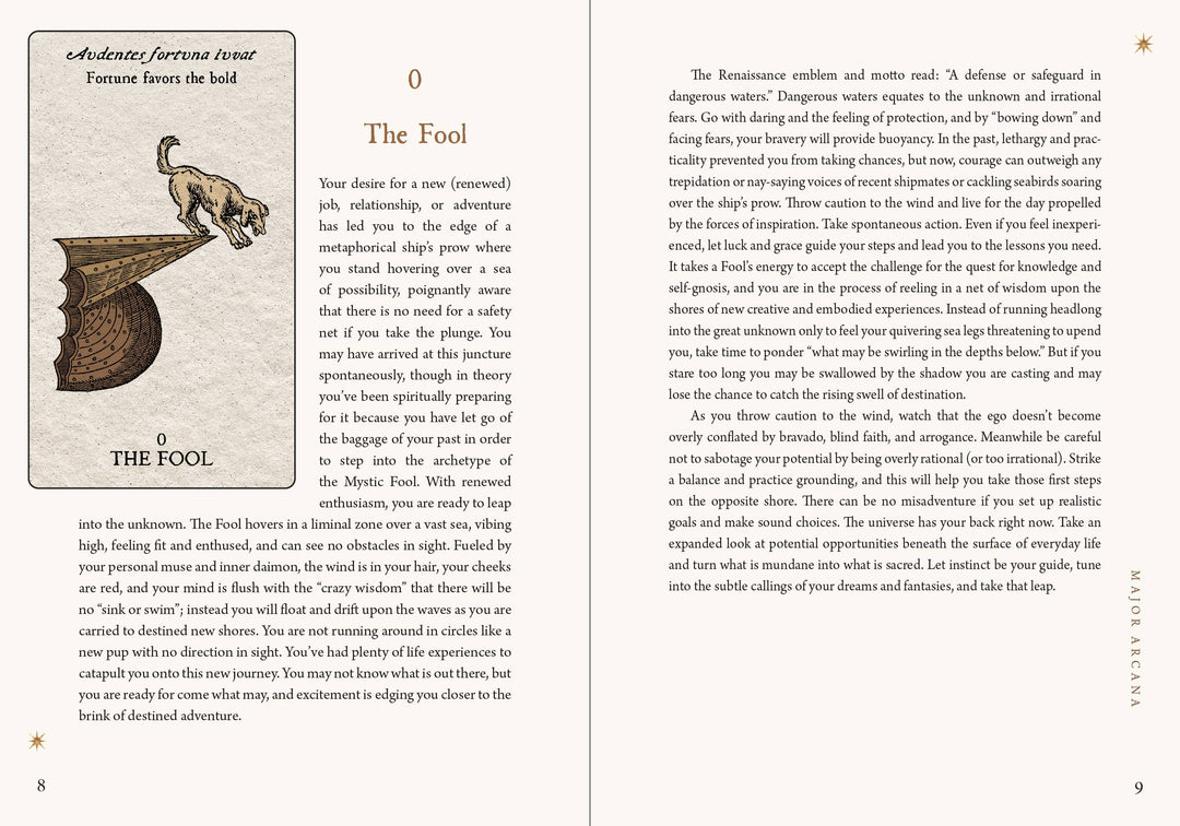 Tarot Emblemata guidebook open to The Fool card — Renaissance emblem motto "Fortune favors the bold" with dog on ship&
