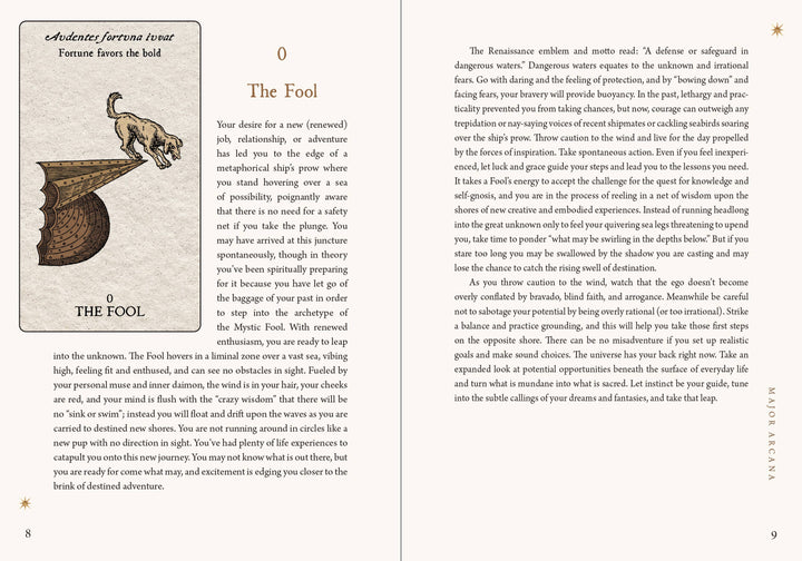 Tarot Emblemata guidebook open to The Fool card — Renaissance emblem motto "Fortune favors the bold" with dog on ship&