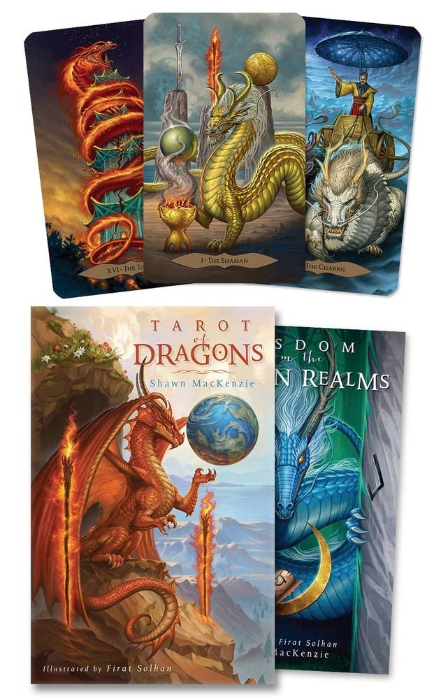 Tarot of Dragons 78-card deck and box set with 216-page guidebook by Shawn MacKenzie, published by Llewellyn Worldwide