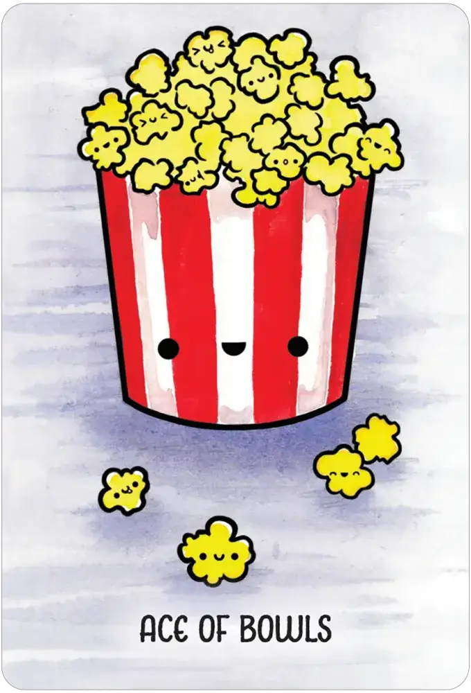 Taste Buddies Tarot card — Ace of Bowls: kawaii smiling red-and-white striped popcorn bucket overflowing with happy popcorn pieces on lavender background by M. Scorch