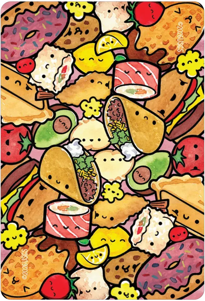 Taste Buddies Tarot card back design — kawaii food collage pattern featuring tacos, tomatoes, sushi, popcorn and assorted food characters by M. Scorch