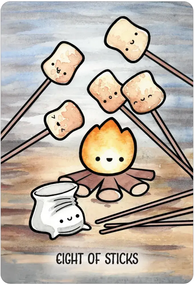 Taste Buddies Tarot card — Eight of Sticks: kawaii marshmallows on chopsticks toasting over a smiling campfire with a bag of marshmallows nearby by M. Scorch