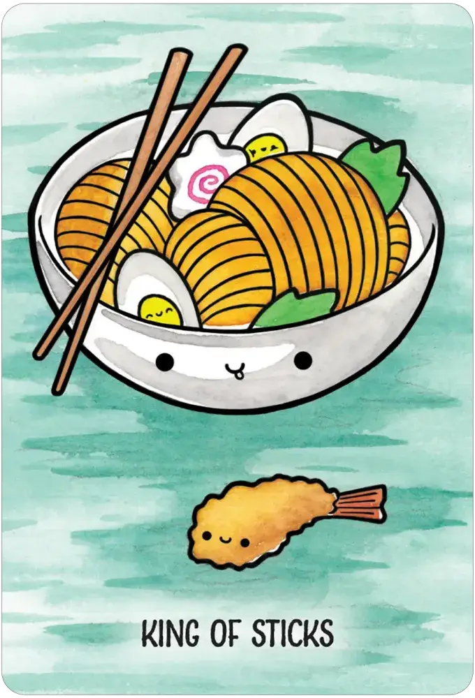 Taste Buddies Tarot card — King of Sticks: kawaii smiling ramen bowl with noodles, boiled eggs, greens and chopsticks on teal watercolor background, with kawaii tempura shrimp below by M. Scorch