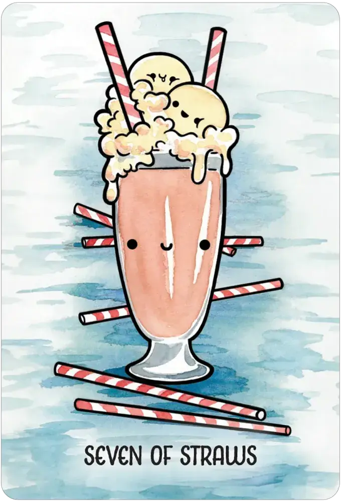 Taste Buddies Tarot card — Seven of Straws: kawaii strawberry milkshake glass pierced by seven red-and-white striped straws with melting ice cream scoops on blue watercolor background by M. Scorch