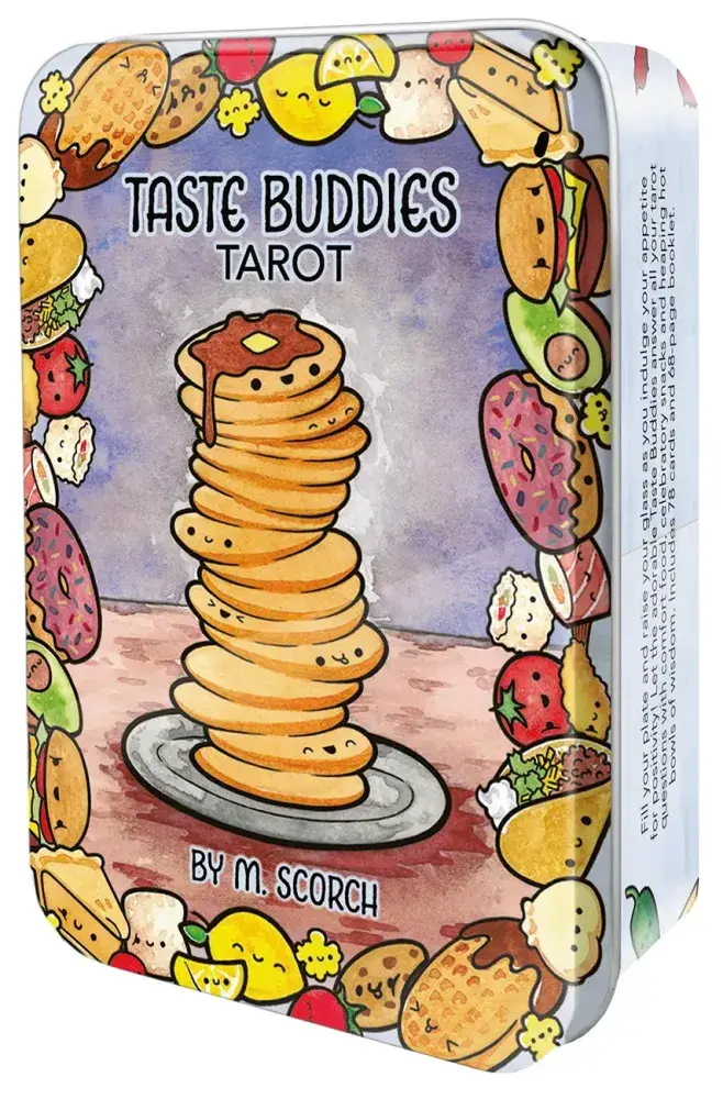 Taste Buddies Tarot collectible tin by M. Scorch — kawaii pancake stack center with food character border including donuts, tacos, avocados, and strawberries