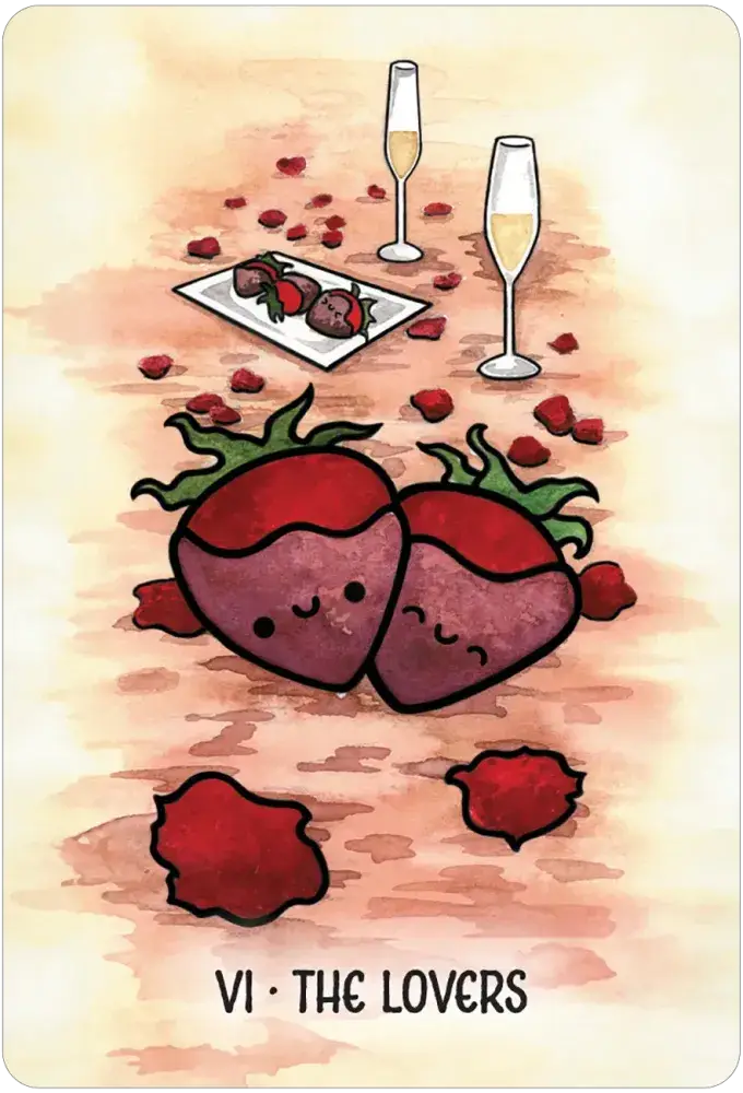 Taste Buddies Tarot card VI — The Lovers: two kawaii chocolate-dipped strawberries with champagne flutes and rose petals by M. Scorch