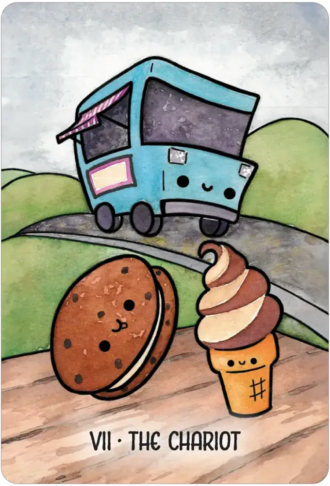 Taste Buddies Tarot card VII — The Chariot: kawaii blue food truck on a road with smiling whoopie pie and soft-serve ice cream cone by M. Scorch