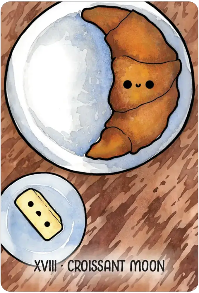 Taste Buddies Tarot card XVIII — Croissant Moon: kawaii croissant resting on a moonlit blue plate with a small butter pat on a side dish by M. Scorch