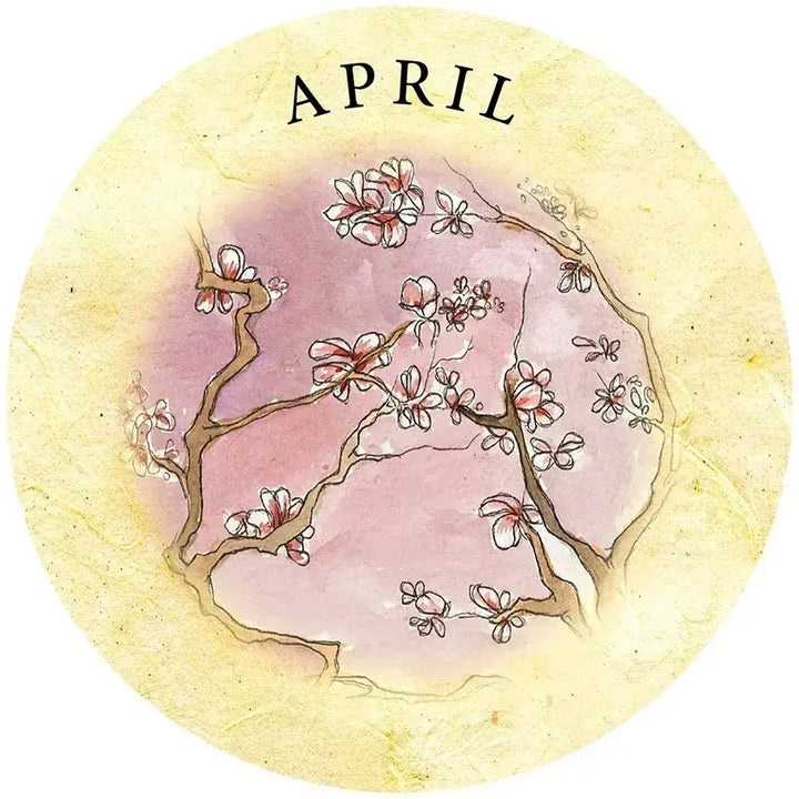Round April card from Tea Leaf Fortune Cards, showing delicate flowering branches against a soft pink center and pale yellow border.