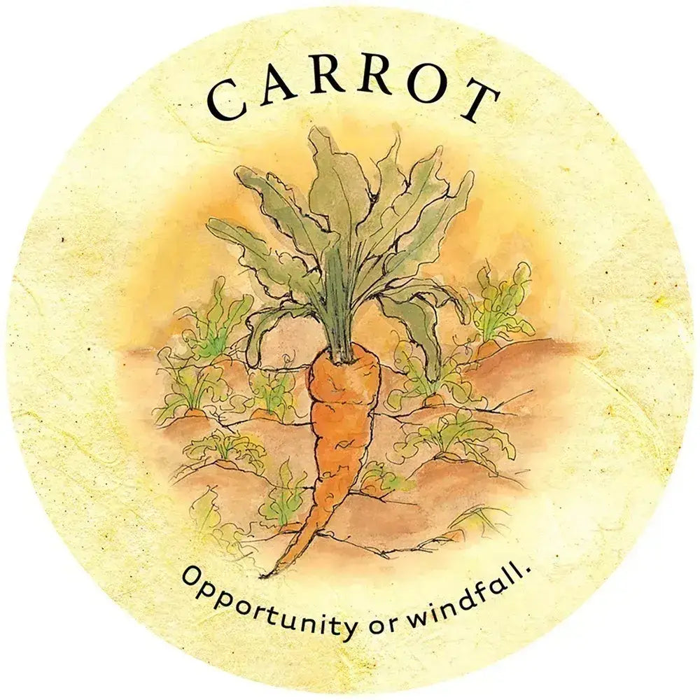Round Carrot card from Tea Leaf Fortune Cards, showing an orange carrot with leafy greens and the message “Opportunity or windfall.”
