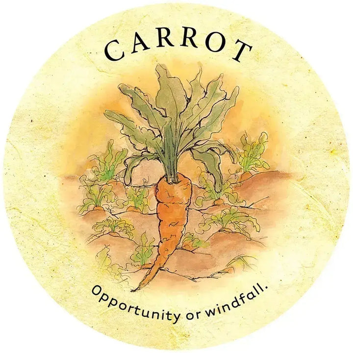 Round Carrot card from Tea Leaf Fortune Cards, showing an orange carrot with leafy greens and the message “Opportunity or windfall.”