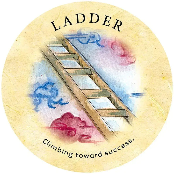 Round Ladder card from Tea Leaf Fortune Cards, featuring a wooden ladder against pastel clouds with the message “Climbing toward success.”