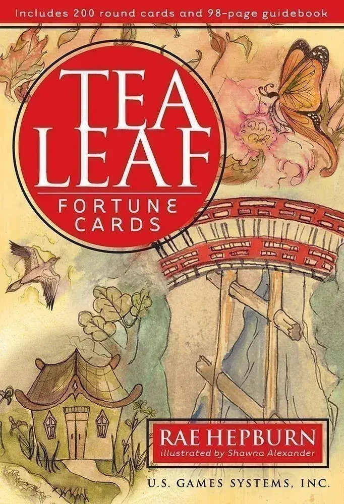 Tea Leaf Fortune Cards cover by Rae Hepburn, illustrated by Shawna Alexander, featuring a butterfly, bridge, bird, and small house.