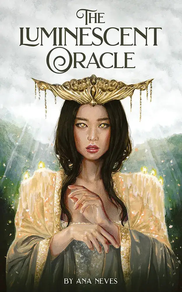 The Luminescent Oracle cover by Ana Neves, featuring a dark-haired woman wearing an ornate gold crown and a glowing golden garment