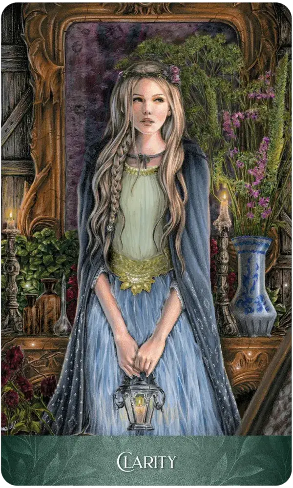Clarity card from The Luminescent Oracle, featuring a long-haired woman holding a lantern before an ornate mirror surrounded by flowers.