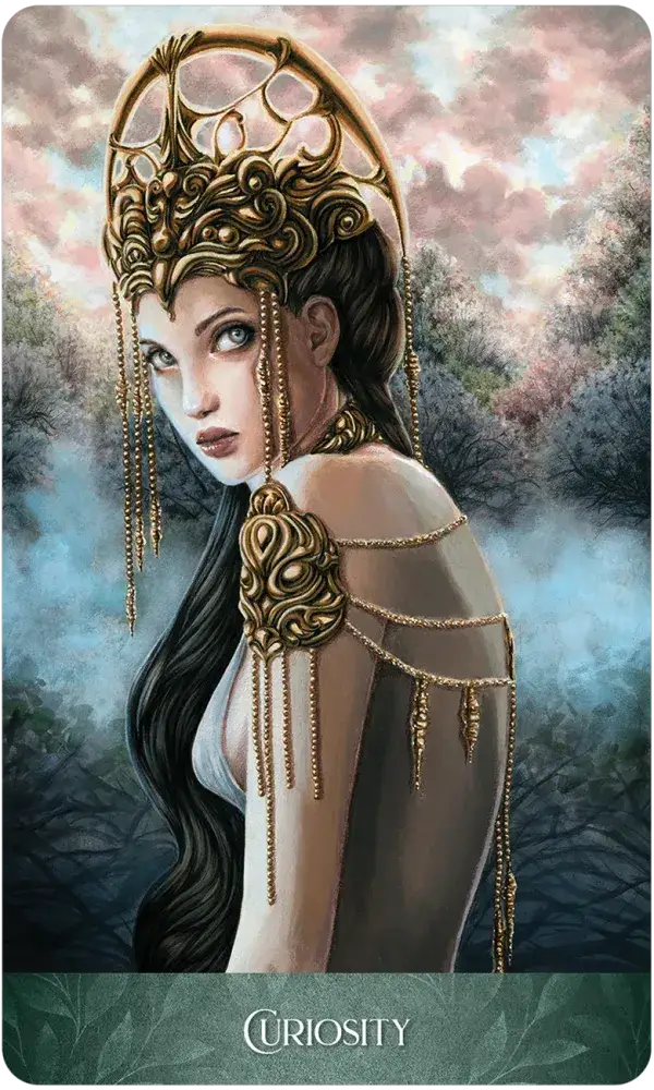 Curiosity card from The Luminescent Oracle, showing a dark-haired woman wearing an elaborate gold headdress and jewelry in a misty woodland.