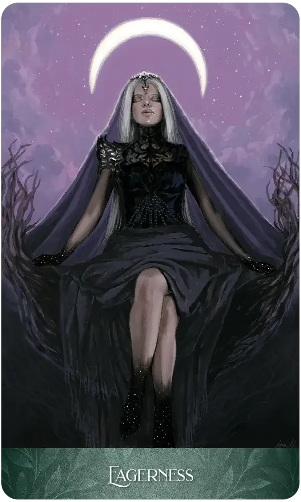  Eagerness card from The Luminescent Oracle, depicting a silver-haired woman in a dark gown seated beneath a bright crescent moon.